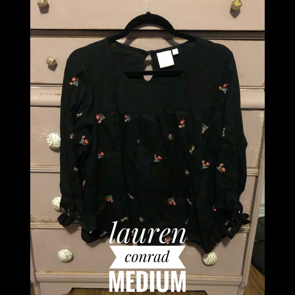 Lauren Conrad Floral Top, tie 3/4 sleeve, black